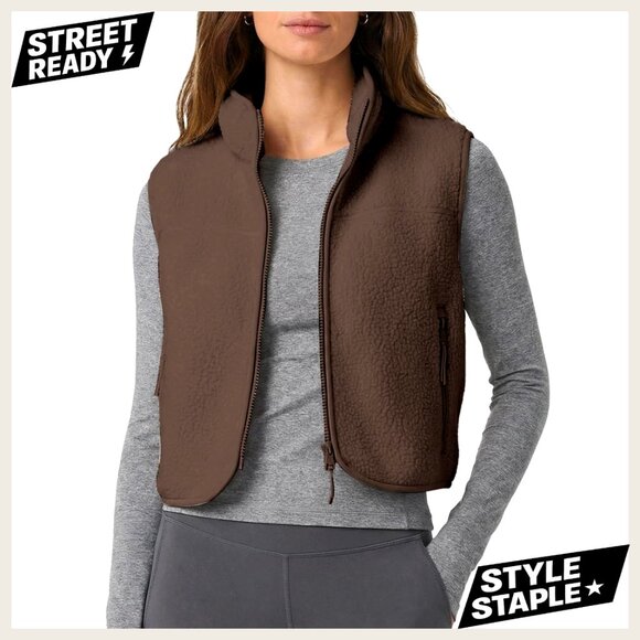 Jackets & Blazers - Cropped Sherpa Vest Sleeveless Zip Up Loose Fit Cozy Fall Winter Outerwear